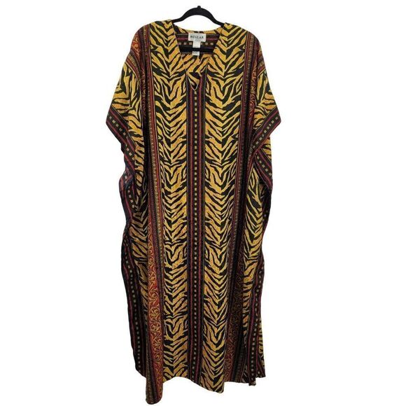 Vintage 80's Dress Kaftan Maxi Damask Gold Tiger Regal Glam Flutter Kimono OS - Picture 3 of 13